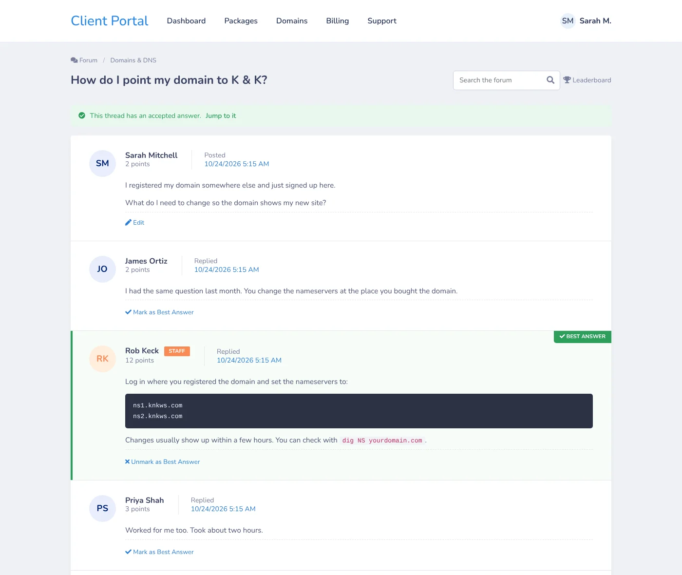 Clientexec Forum Plugin: Client Forum 3 Clientexec forum plugin thread with a staff best answer in the client portal